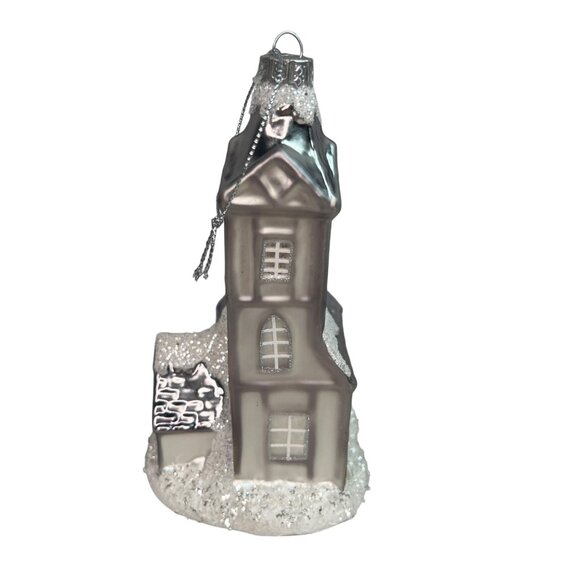 Silver Church Christmas Blown Glass Ornament With Glitter Snow Accents - Picture 4 of 8